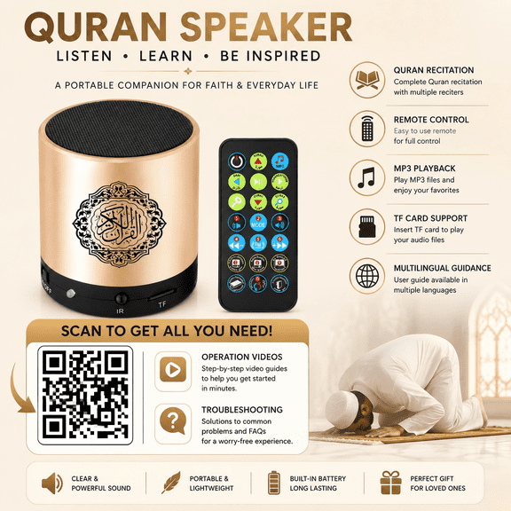 Quran Speaker with Remote Control,USB Rechargeable Speaker,Remote Control Speaker Portable,Digital Quran Player,8GB TF FM Quran Translator,Over 18 Reciters,15 Translations Available
