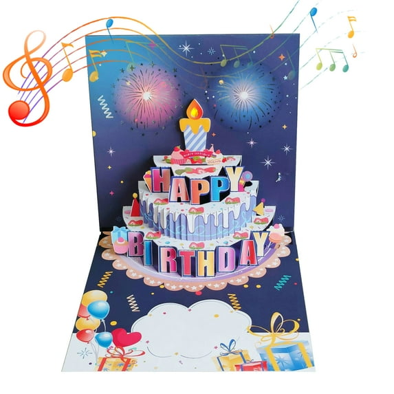Quroko 3D Pop Up Musical Birthday Card, Happy Birthday Greeting Card with Lights & Music & Sound Fireworks Cake Perfect Gifts for Women, Men, Kids, Wife, Mom, Husband (Blue)