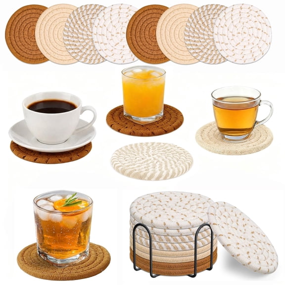 Xekoro 8 Pcs Drink Coasters with Holder, Minimalist Cotton Woven 4 Colors Absorbent Coaster Set for Home Decor Tabletop Protection Suitable for Kinds of Cups, 4.3 Inches(Khaki)
