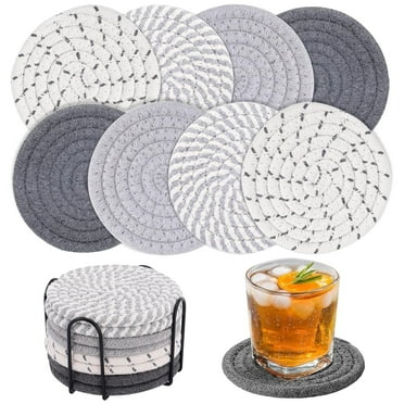 Fofosbeauty 8Pcs Drink Coasters with Holder, Handmade Cotton Coasters, 4Colors Absorbent Coasters for Drinks, Coaster Cup Coasters, Coasters for Wooden Table, Living Room Decor