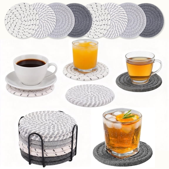 Xekoro 8Pcs Drink Coasters with Holder, Handmade Cotton Coasters, 4Colors Absorbent Coasters for Drinks, Coaster Cup Coasters, Coasters for Wooden Table, Living Room Decor