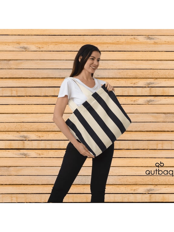 Red Striped Beach Bag - 100% Cotton Tote with Large Capacity- Perfect for Beach, Pool, and Travel - Stylish and Durable (Navy Blue Striped)