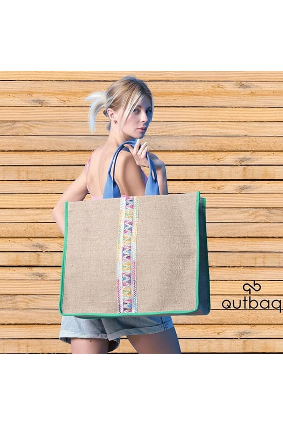 Straw Beach Bag Jute Ethnic Pattern, Woven Straw Beach Tote Bag, Weaving, Swim, Gym, Shopping, Travel Bag (Ethnic Pattern Green Finishing)