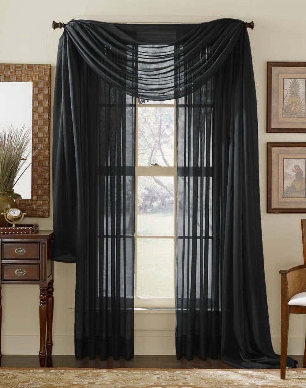 Qutain Linen Solid Viole Sheer Curtain Window Panel Drapes 55" x 84 inch - Black
