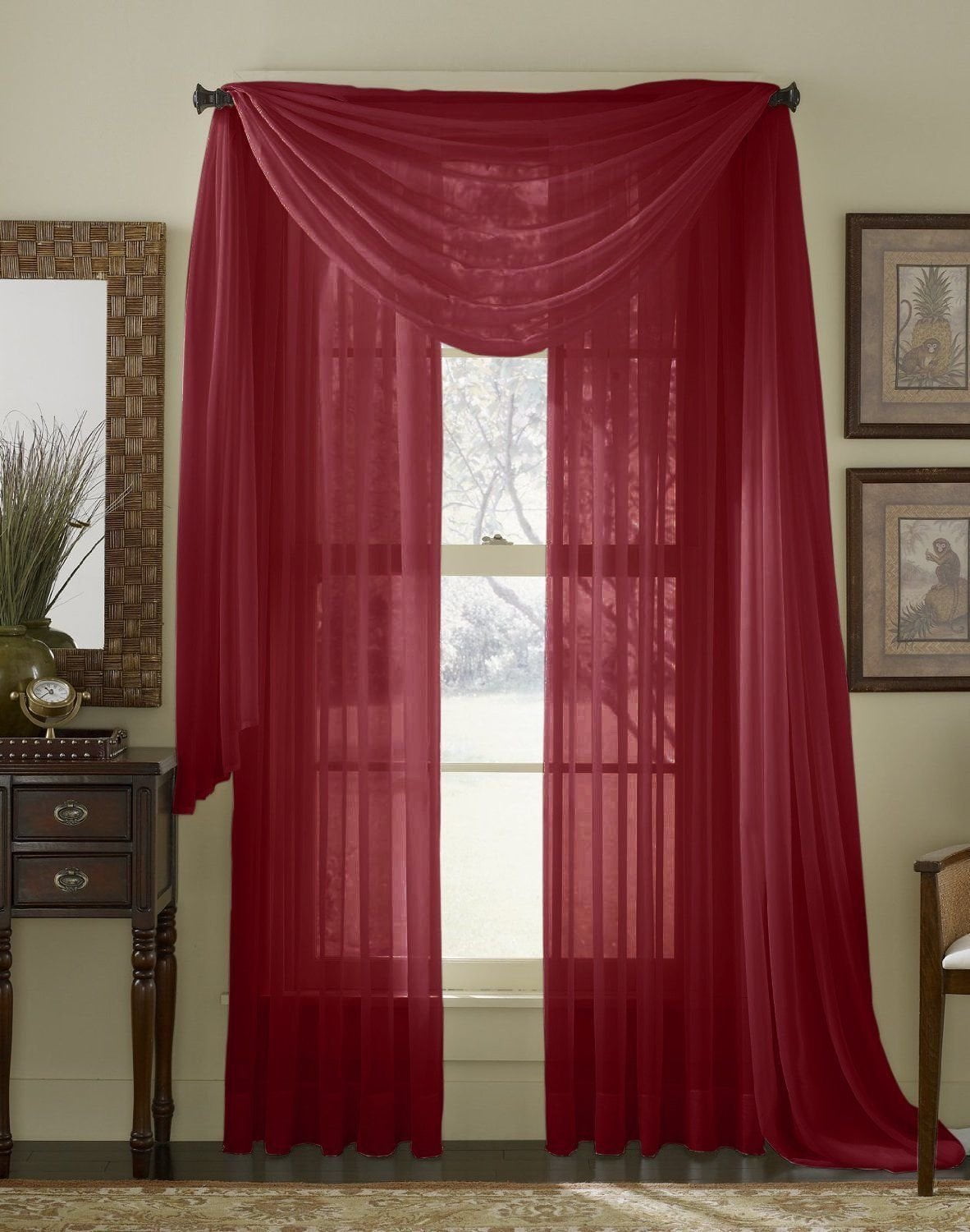 Qutain Linen Solid Viole Sheer Curtain Window Panel Drapes Set of Two (2) 55" x 63 inch - Burgundy