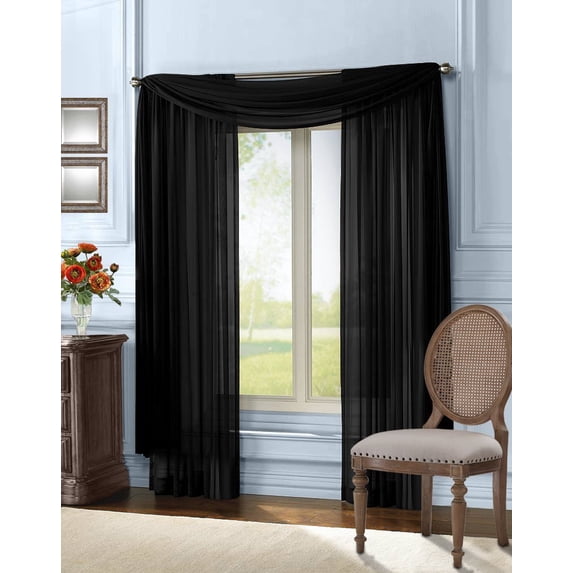 Qutain Linen Solid Viole Sheer Scarf Window Valance Topper 37" x 216 inch - Black