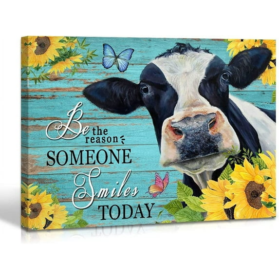 Qute Cow Flower Picture Canvas Print Motivational Quotes Wall Decor Art Sunflowers Animal on Green Board Painting Modern Artwork for Bathroom Living Room Office Decoration, Unframed 1 pcs