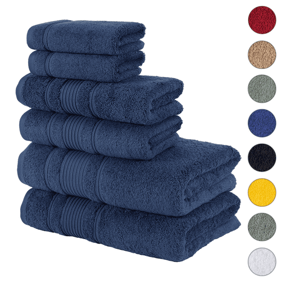 Qute Home Luxury 6 Piece Solid Print Cotton Bath Towel Set, Navy Blue