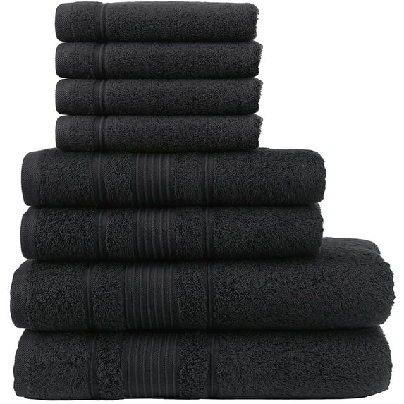 Qute Home Spa & Hotel Towels 8 Piece Towel Set, 2 Bath Towels, 2 Hand Towels, and 4 Washcloths - Black