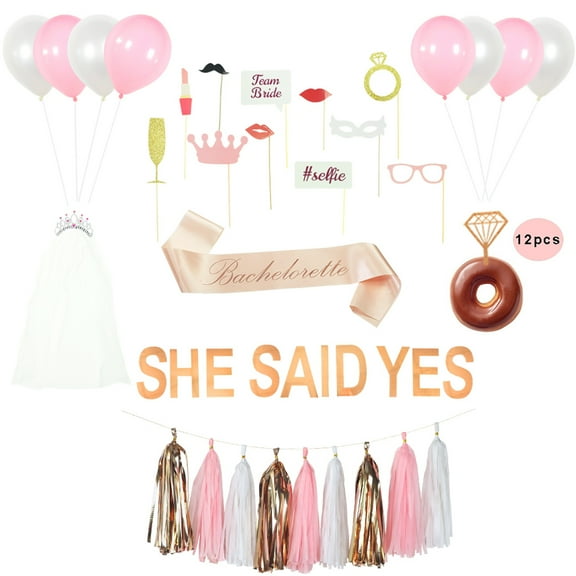Qutechat Rose Gold Bachelorette Party Decorations Kit - 40pc She Said Yes Banner, Bachelorette Sash, Tiara with Veil, Diamond Donut Topper, Balloons & Photo Props