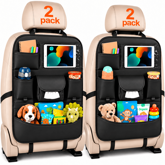QUTOOL Car Seat Back Organizer, PU Leather, Clear Tablet Pocket, 2 Pack