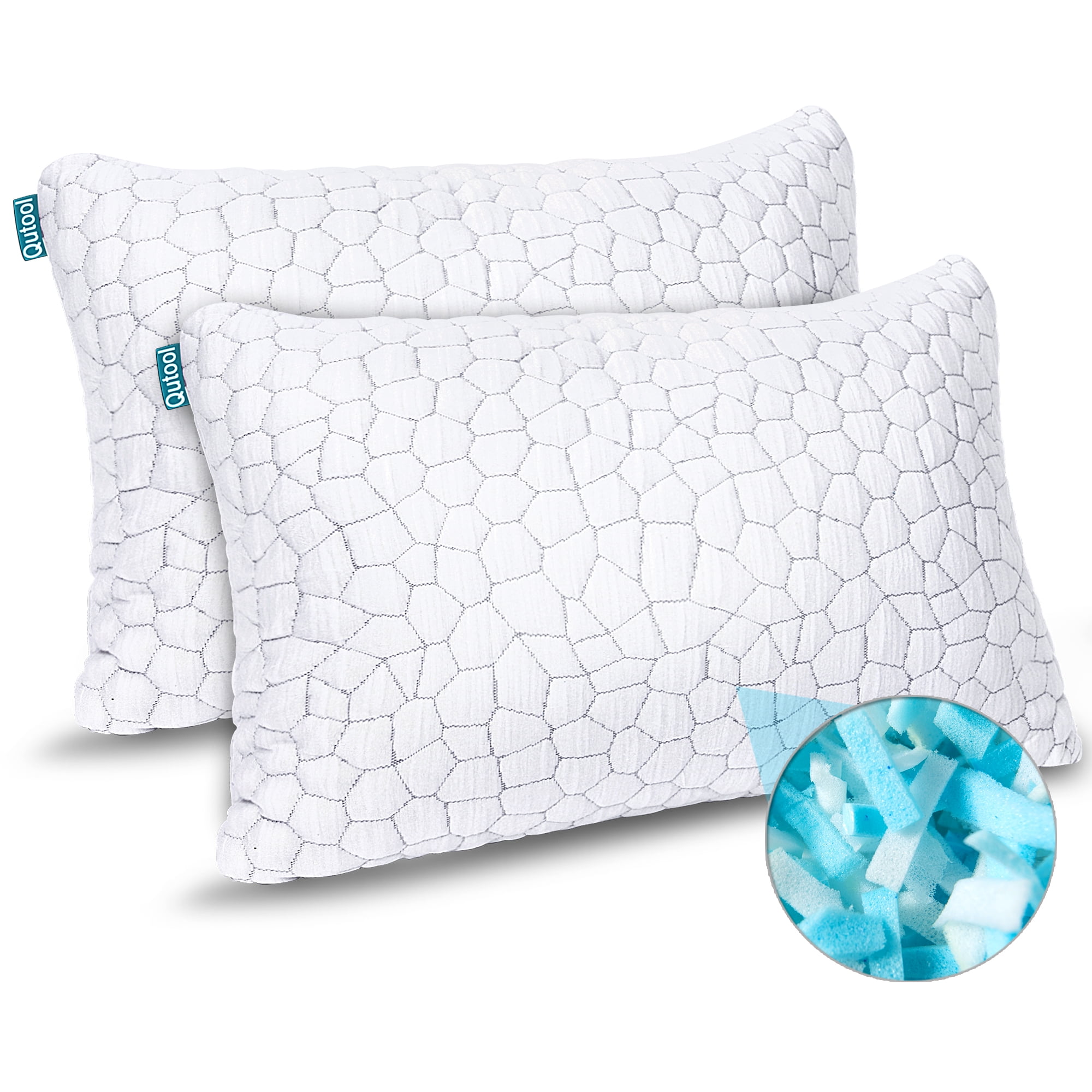 Qutool Bed Pillow Bamboo Shredded Memory Foam Cooling Pillow, Washable  Cover, Queen 2 Pack
