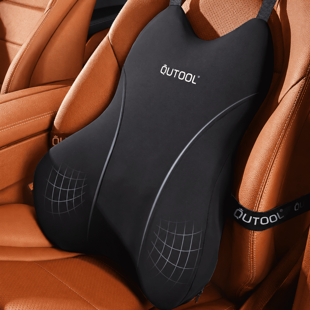 QUTOOL  Car Lumbar Support Pillow, Contoured Memory Foam Back Cushion with Adjustable Straps for Driving, Car, SUV & Truck, Black