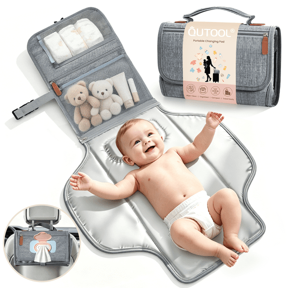 QUTOOL Portable Diaper Changing Pad, Waterproof Travel Baby Changing Kit with Wipes Pocket,Foldable,Gray