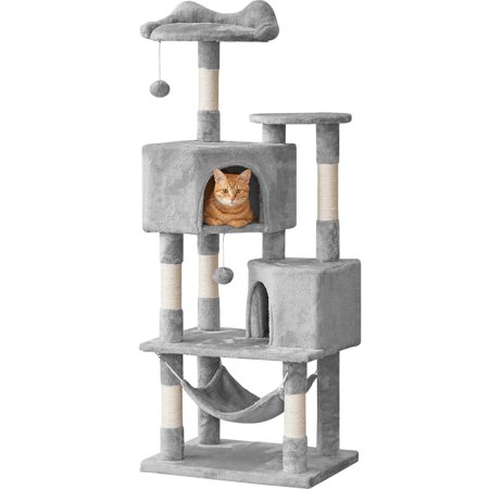 Quuzee 55-in Cat Tree Tower with Double Condo,Scratching Post Hammock, Light Gray