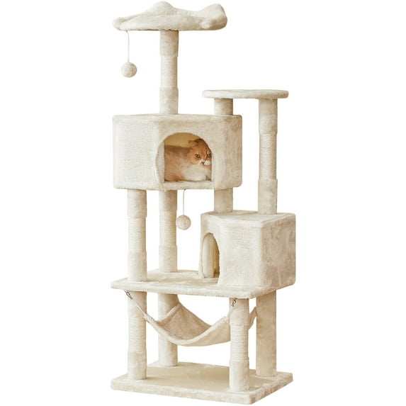 Quuzee 55-in Cat Tree Tower with Double Condo,Scratching Post Hammock, Beige