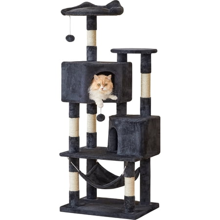 Quuzee 55-in Cat Tree Tower with Double Condo,Scratching Post Hammock,Somky Gray