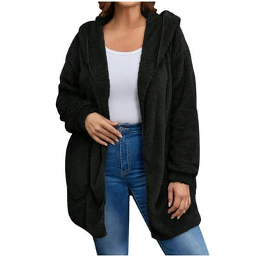 Quwlolw Women Cardigan Fuzzy Jacket with Hooded Warm Winter Open Front Fleece Teddy Coat Solid Casual Outerwear with Pockets