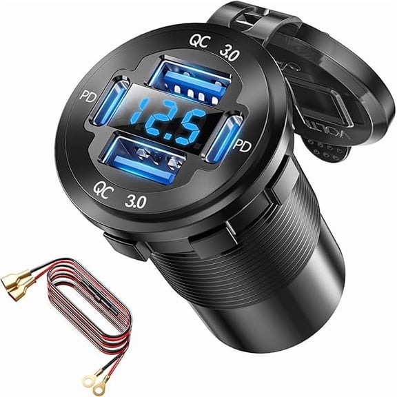 Quyaojz 12V USB Charger with 4 Ports, Upgraded Aluminum Alloy Car Outlet with LED Voltmeter Display, for 12/24V Car Golf Cart Boat Marine Bus Truck RV Marine Motorcycle etc. (1PC)