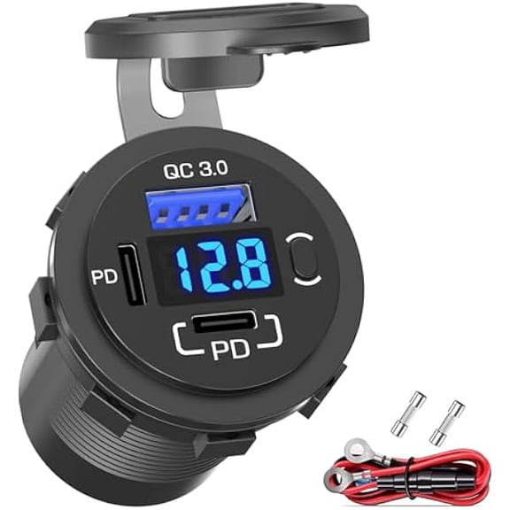 Quyaojz 12V USB Outlet USB C Car Charger Socket Dual PD 30W and 18W QC3.0 Port Car Socket with Voltmeter Button Switch Lengthened Waterproof USB Power Outlet for Boat Marine RV Vehicle