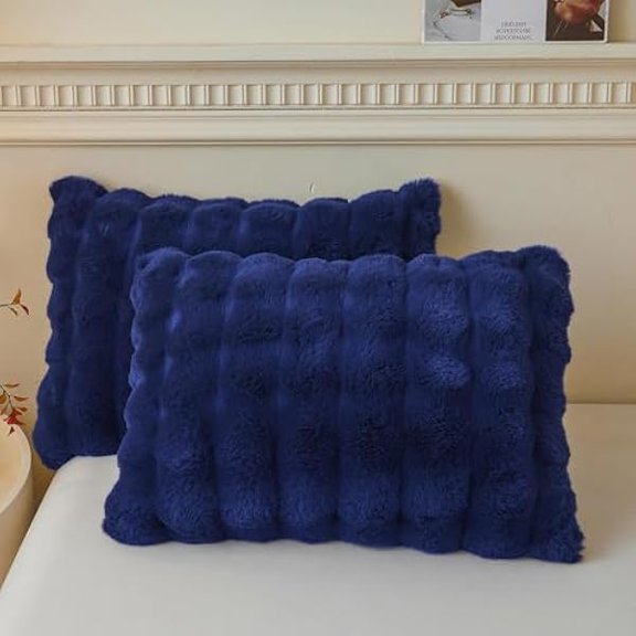 Quyaojz 2 Pieces Fluffy Faux Rabbit Fur Pillow Cases, Luxury Plush Shaggy Bubble Pillowcases Standard Size with Zipper, Furry Fuzzy Long Pillow Shams Adult Girls Kids Teens 50x75 cm, Navy Blue
