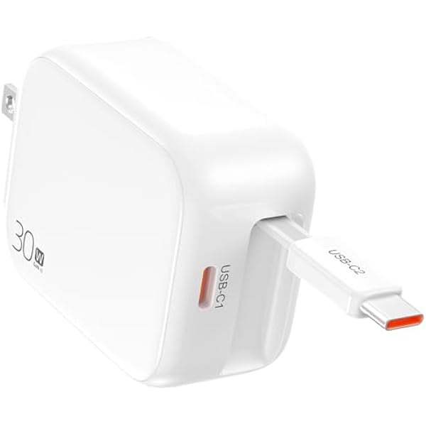 Quyaojz for 2-in-1 Retractable Wall Charger Plug with USB C Port and 27in/70cm Type C Cable,Travel Essentials 30W Fast Charging Foldable Block Compatible With iPhone 17/16/15,iPad,Galaxy,Pixel-White