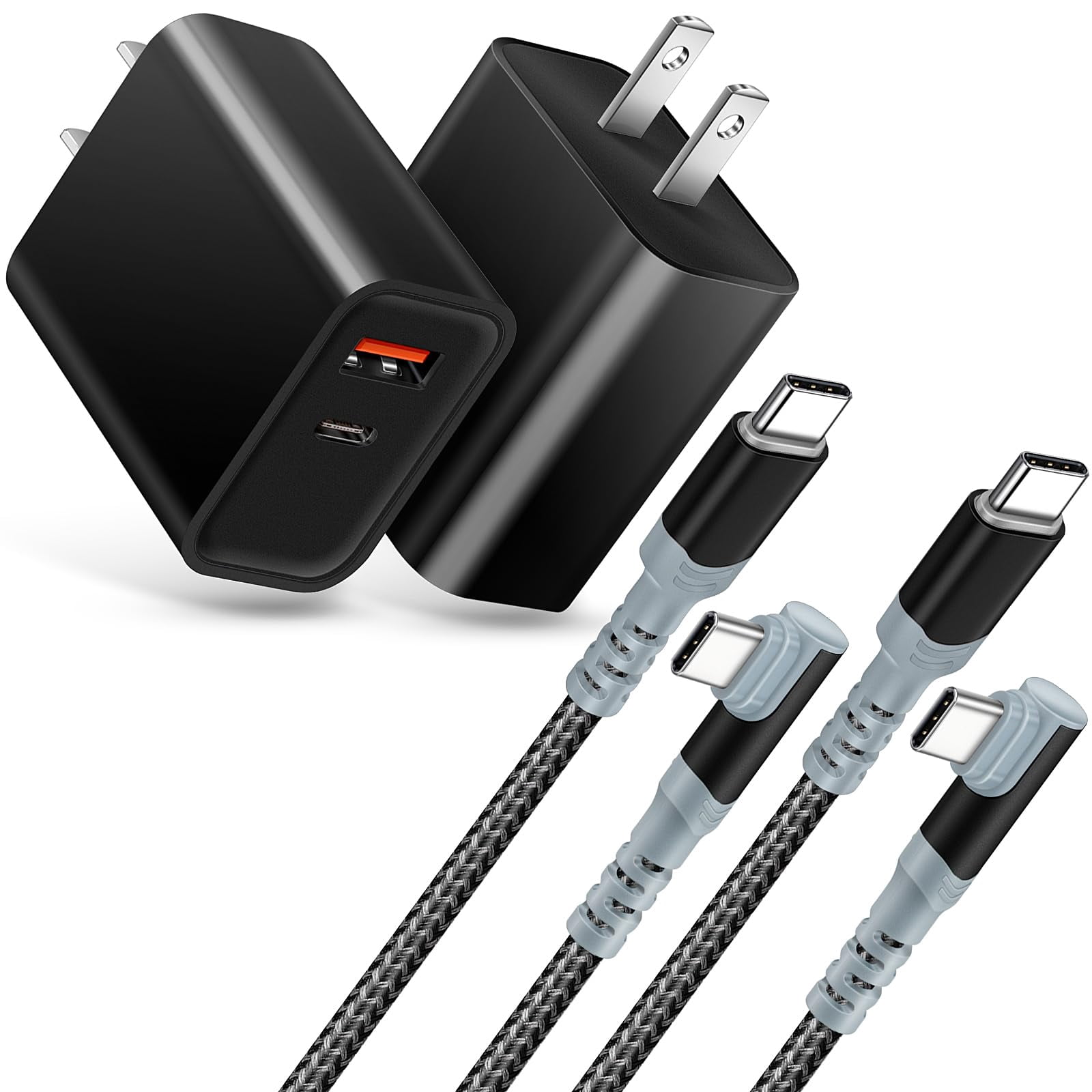 Quyaojz for 20W USB-C Fast Wall Charger, 2-Pack USB-C Power Adapter + 2X 10FT Right-Angle Type C to C Charge Cord Compatible with iPhone 15 16 Samsung Galaxy S22 Ultra S21 S20 S10 Pixel 6/5/4