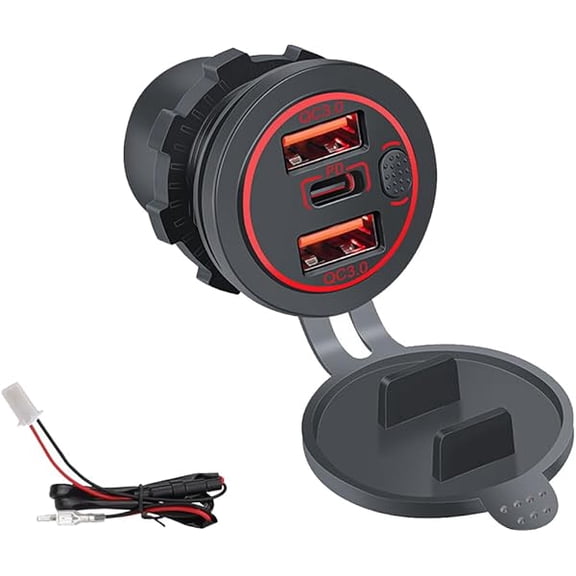 Quyaojz 3 Ports 18W USB Car Charger With Switch, 12-24V Dual QC 3.0 USB & PD USB C Cigarette Lighter Socket Outlet, Dashboard Mount Quick Charge Charger for Car Motorcycle Truck Marine Boat
