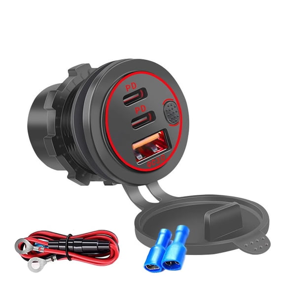 Quyaojz 3 Ports 18W USB Car Charger with Switch, 12-24V QC 3.0 USB & Dual PD USB C Cigarette Lighter Socket Outlet, Dashboard Mount Quick Charger for Car Motorcycle Truck Marine Boat, Red Light