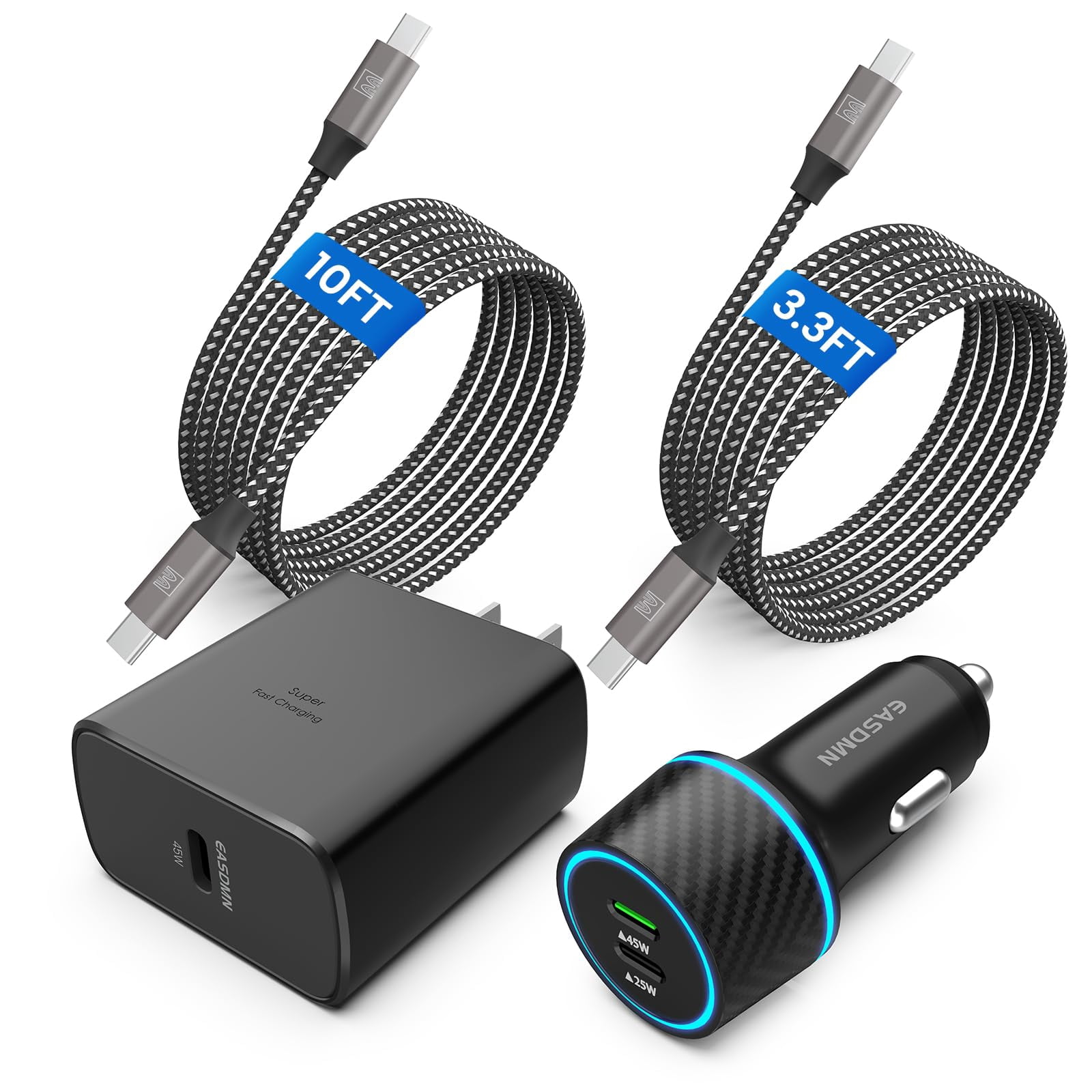 Quyaojz 45W USB-C Charger, 2-Pack 45 Watt Super Fast Charger Type C PPS Wall/Car Charger for Samsung Galaxy S26 Ultra/S26+/S25 Ultra/S24+/S23/S22 Ultra/Note 10+, Tab S9 (12FT+6.6FT 5A Type C Cable)