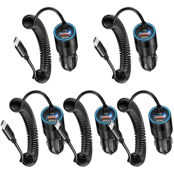 Quyaojz 5-Pack USB C Car Charger,38W Fast Charging Car Phone Charger+3FT Type C Coiled Cable,PD&QC 3.0 Car Charger Adapter Compatible with iPhone 16/15 Plus/Pro/Max,Galaxy S24 S23 Ultra,iPad,LG