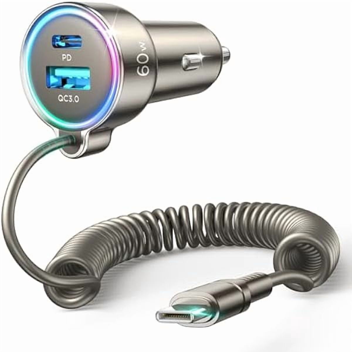 Quyaojz 60W USB C Car Charger Fast Charge PD& QC3.0 with 5ft 30W Type C Coiled Cable, Car Phone Charger Adapter for iPhone 17/16/15 Plus, Samsung Galaxy S25/S24/S23, Pixel/Moto/LG/Android, iPad Pro
