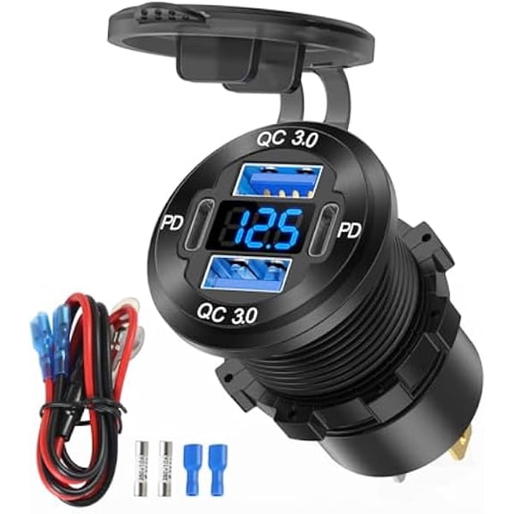 Quyaojz 78W 12V USB Outlet 4 Port Car Charger Socket, Dual PD USB C and Dual Quick Charge 3.0 Port Aluminum Charger with Voltmeter DIY Kit Waterproof for Car Boat Marine Motorcycle RV ATV Truck Golf