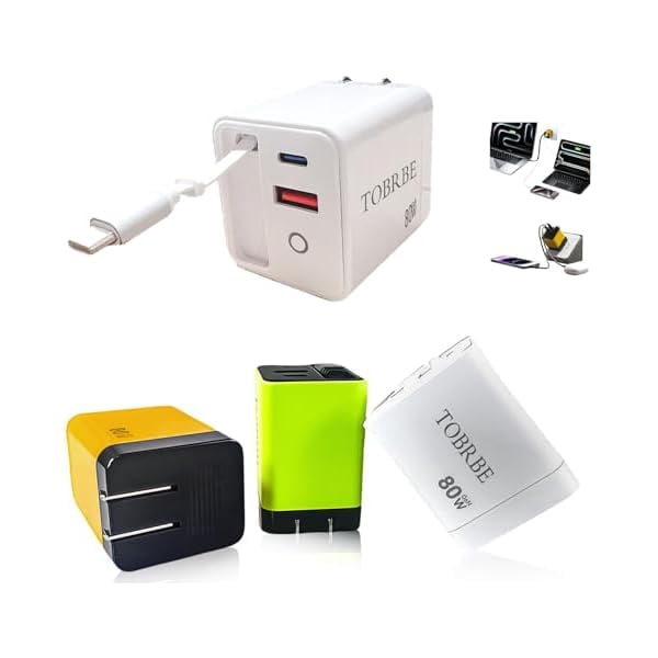 Quyaojz for 80W GaN Fast Charger with Retractable USB-C Cable 3-in-1 Wall Charger Block with Built-in Type-C Cord & 2 USB Ports, PD 3.0 & QC 4.0 Fast Charging Compatible With iPhone/Samsung, Pixel