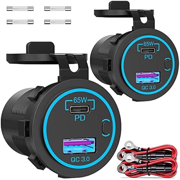 Quyaojz 83W 12V USB Outlet Laptop Charger: 2 Pack 65W USB-C PD3.0 and 18W QC3.0 Multi Car Port 12V Socket Waterproof with Power Switch for Car Boat Marine Bus Truck Golf Cart RV Moto, etc.