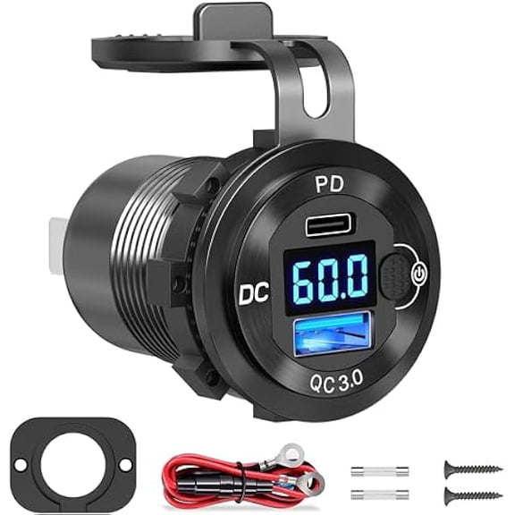 Quyaojz 9V-60V USB Charger, 12V 24V 36V 48V 60V USB Outlet Aluminum Car Socket, PD 36W and QC 18W Car Port Outlet Waterproof Cigarette Lighter Replacement DIY Kit with Power Switch for Boat Golf Cart