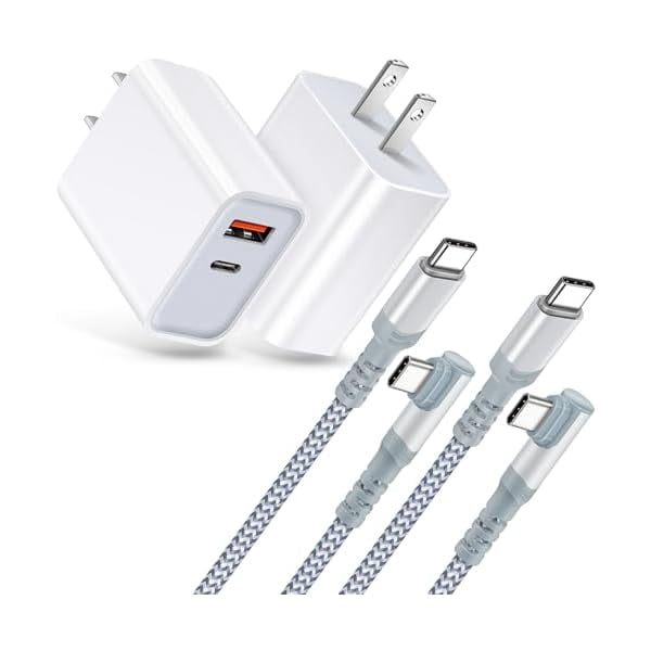 Quyaojz for Fast Charging Wall Charger +USB C Cable 10FT, 2-Pack 20W USB C Power Adapter Dual Port Fast Charger Block+ Right-Angle 3A C to C Cable Fit Compatible With iPhone 15/16/Samsung