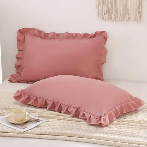 Quyaojz Light Pink Ruffled Pillow Cover 2pcs Shabby Chic Pillowcases Cute Ruffle Lace Design Soft Microfibre Pillow Shams (Light Pink, 50x75cm)