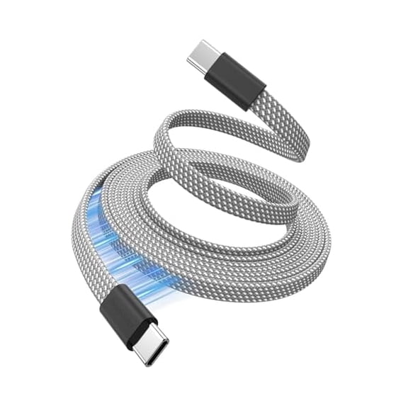 Quyaojz Magnetic USB C Cable, 5ft Flat Coiled Type C to USB C 60W(3A) Fast Charging Cord, Retractable and Flexible, Compatible With iPhone 15 , Samsung, Pad - Silver