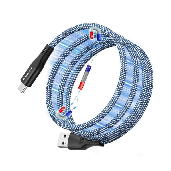 Quyaojz Magnetic USB C Cable, Coiled 1.5M Retractable Type C Fast Charging Cord, Nylon Braided, Compatible With Samsung, Pad, USB C Devices - Blue