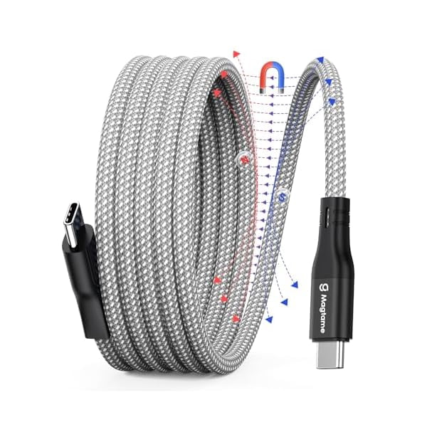 Quyaojz Magnetic USB C Cable, Coiled USB C to USB-C Cables 60W(3A), 1M Flexible USBC Cord, Nylon Braided Type C Fast Charging Cable Compatible with iPhone 15, for Samsung, Pad,USB C Device,Silver