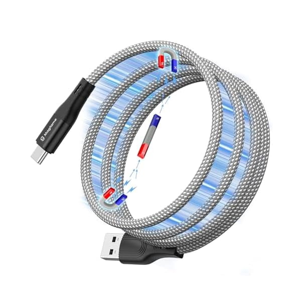 Quyaojz Magnetic USB C Cable, Coiled USB A to USBC Cables, 1.5M Retractable, Nylon Braided Type C Fast Charging Cable,USBC Cord Compatible with Samsung, Pad,USB-C Device,Silver