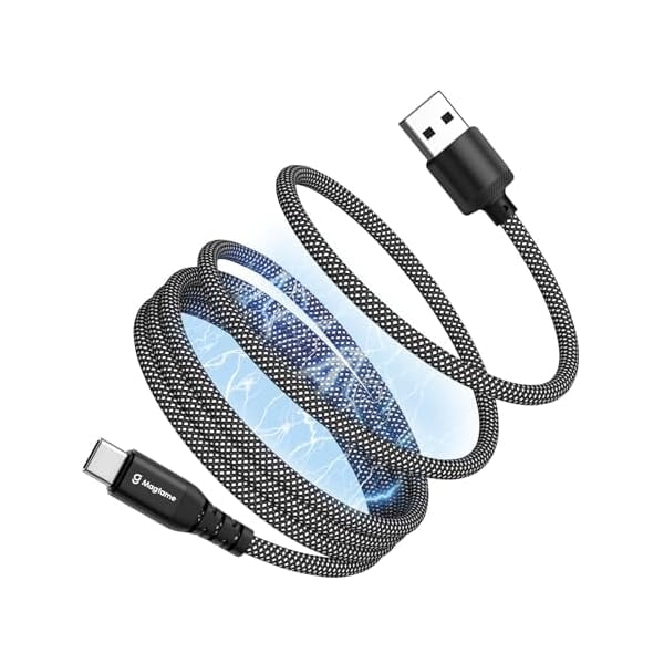 Quyaojz Magnetic USB C Cable, Elastic Coiled USBA to USB-C Leads, 1.5M/5FT Retractable USBC Cord, Nylon Braided Type C Fast Charging Cables, Compatible with iPhone 16 15 Samsung, Pad