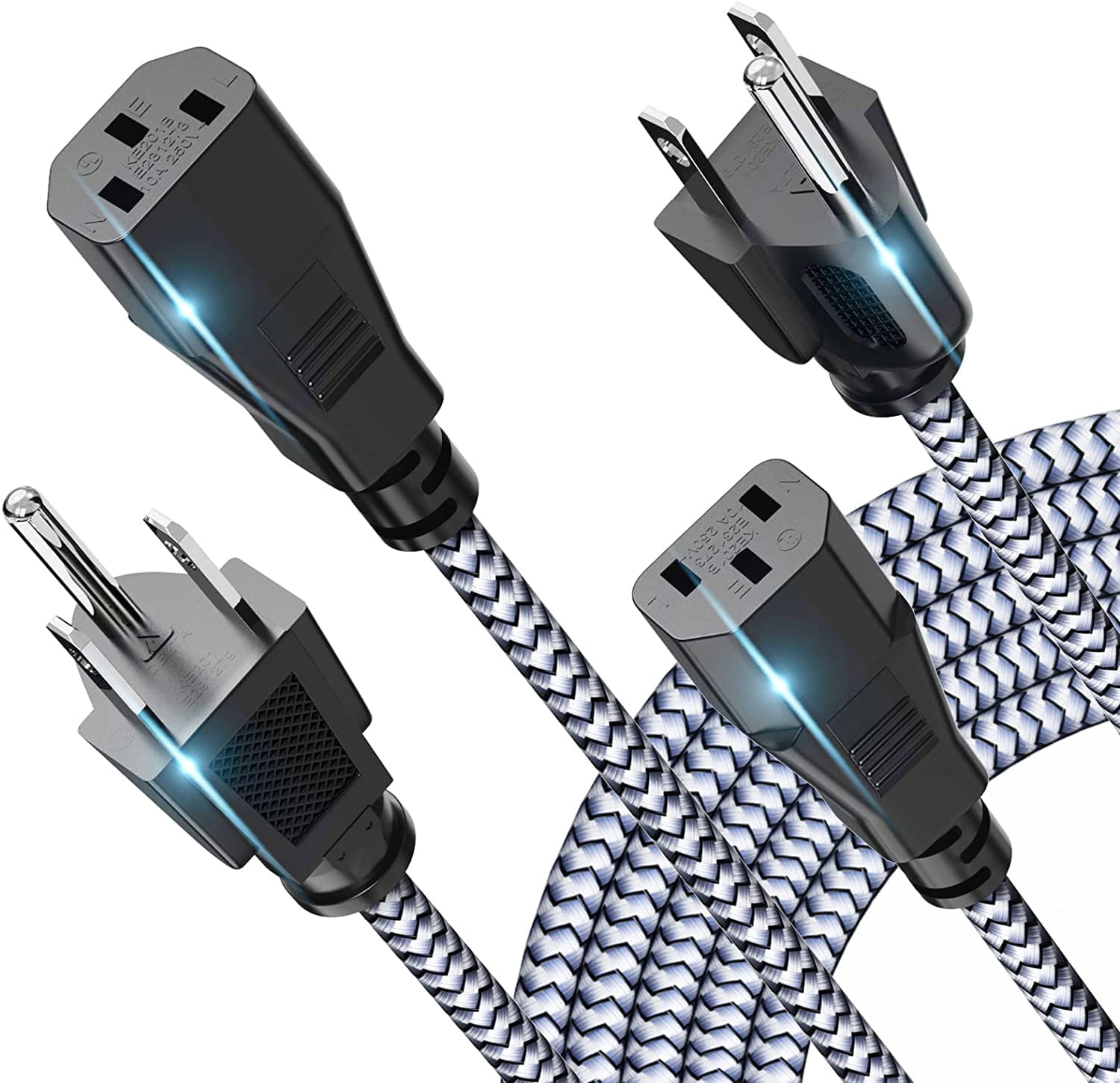 Quyaojz Power Cord, [6.6FT, 2-Pack] AC Power Cable 10A 250V Nylon Braided 3 Prong Power Cord 18AWG Replacement 3-Pin Power Cables UL Certified for Computer, TV, Monitor, Printer, PC, Projector