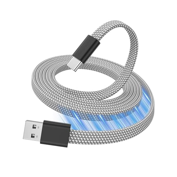 Quyaojz USB A to USB C Cable,5ft Flat Magnetic Charging Cable, Coiled USB C Cable, Retractable Type C Fast Charging Cable, Flexible USB C Cord Compatible for iPhone 15 ,Samsung,Pad, Silver