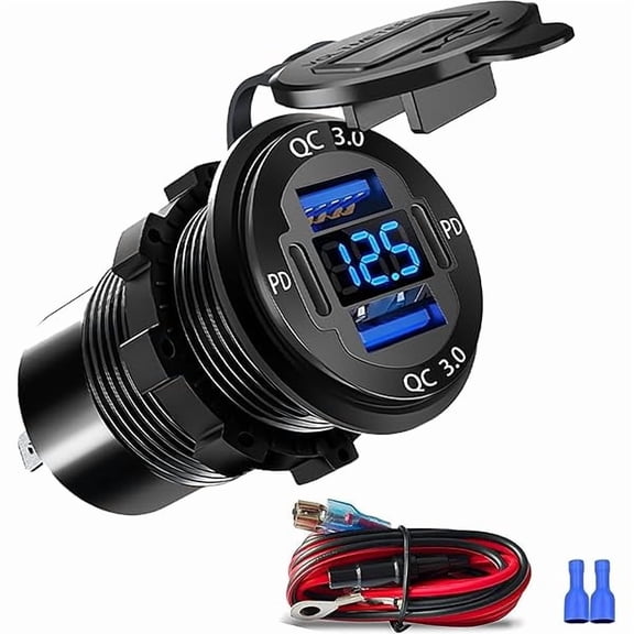 Quyaojz Upgraded 12V USB Charger with 4 Ports - Aluminum Alloy Car Outlet with LED Voltmeter for Cars, Golf Carts, Boats, RVs, Trucks, and Motorcycles (Pack of 1)