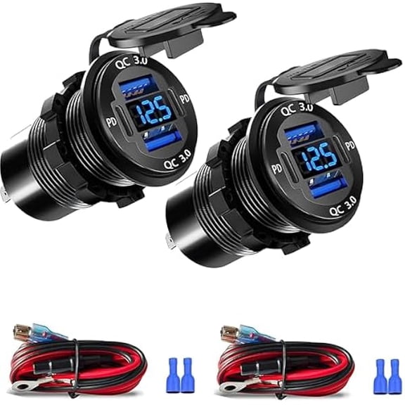 Quyaojz Upgraded 12V USB Charger with 4 Ports - Aluminum Alloy Car Outlet with LED Voltmeter for Cars, Golf Carts, Boats, RVs, Trucks, and Motorcycles (Pack of 2)