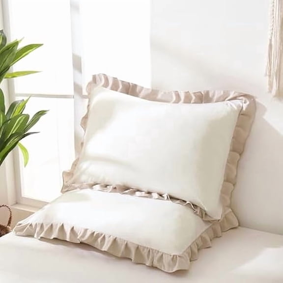 Quyaojz White Beige Ruffled Pillowcases Set of 2 Boho Pillowcases Rustic Ruffle Lace Design Soft Microfibre Pillow Cover Reversible Pillow Shams (White Beige, 50x75cm)