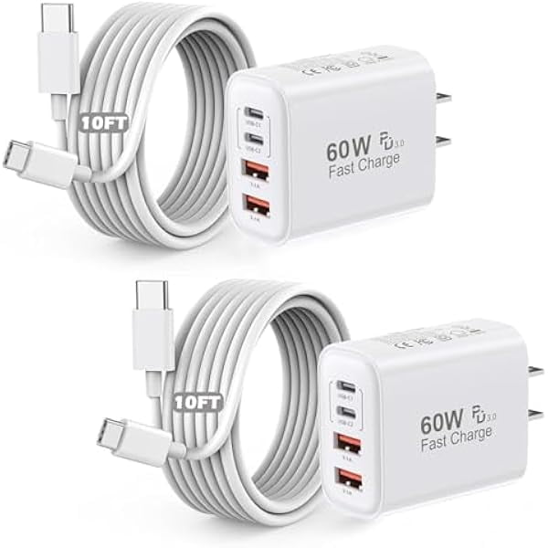 Quyaojz for iPhone 17/16/15 Charger,2Pack 60W USB C Charging Block 4-Port Charge Adapter iPhone Charger with 10FT USB C to C Fast Charging Cable Compatible With iPhone17 Max/17e/16e/16/15,,-Pods