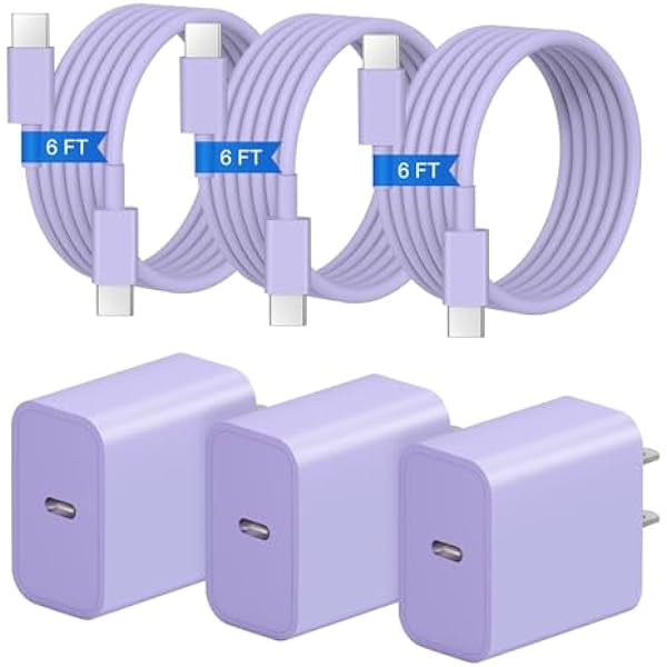 Quyaojz for iPhone 17 16 15 Charger Fast Charging 3+3Pack 20W USB C Wall Charger with 6FT Fast Charging Cable Compatible with iPhone 17/17 Air/17 Pro/iPhone 16/15 Series, iPad Pro/AirPods -Purple